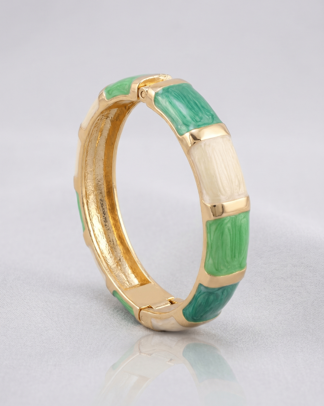 Emerald Green & Ivory Enamel Gold-Tone Elegant Bangle | Openable