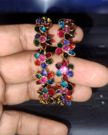 Rainbow Bloom Floral Bangles (Set of 2) | Premium Quality | American Diamond | Party wear