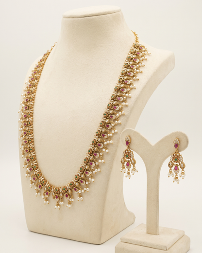 Royal Heritage Gold-Tone Long Haram Necklace Set with Pearl Drops