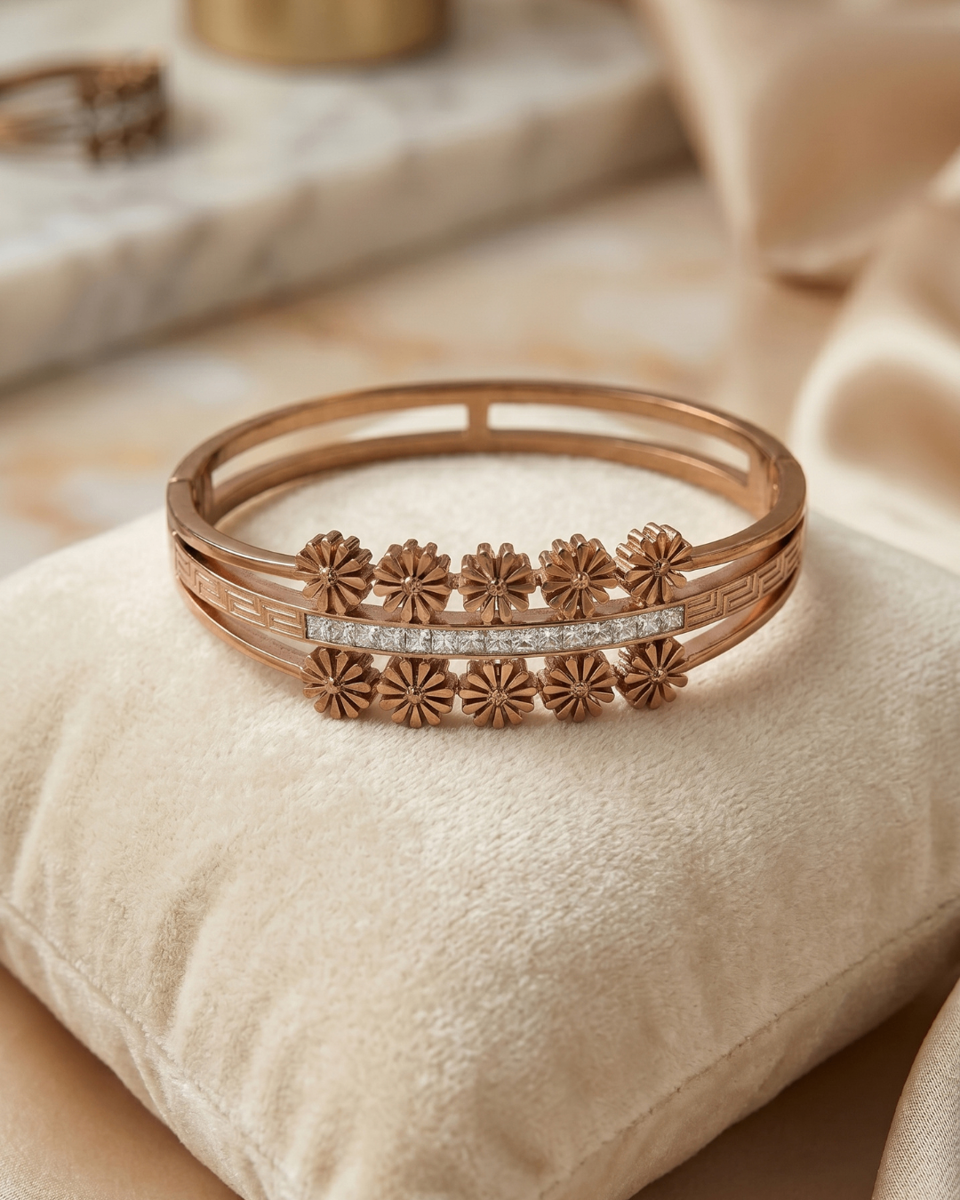 Brown Gold Finish Floral Zircon Elegance Bracelet | Stainless Steel Gold Plated | Women Anti-tarnish bracelet | Kada Bracelet