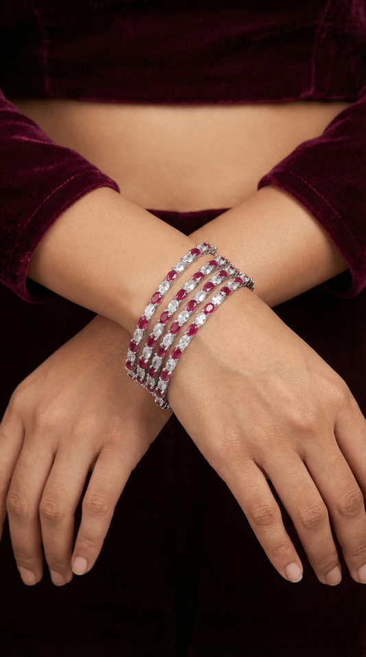Elegant Rhodium plated Set of 4 Ruby and white CZ stone Bangles | American Diamond