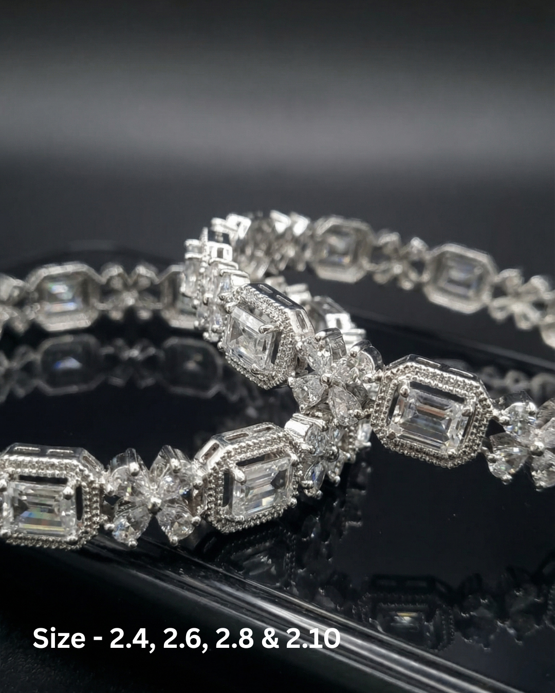Rhodium Plated White Rectangle and Flower Zircon Stone Bangle (Set of 2) | Premium Quality | American Diamond