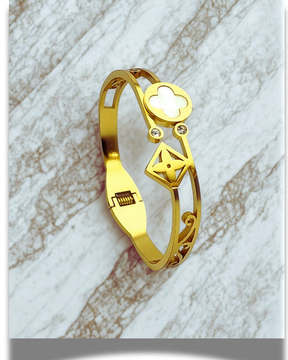 Clover White Pearl finish and Zircon Stone Bracelet | Premium Quality | Elegant Kids Jewelry | Stainless Steel Gold Plated | Anti-tarnish | Daily wear | TE-GPKB-2311-002