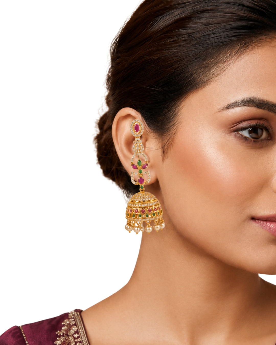 Premium Gold-Plated Jhumka with Ear Chain (Mattal) - Gold Finish