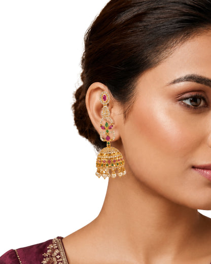 Premium Gold-Plated Jhumka with Ear Chain (Mattal) - Gold Finish