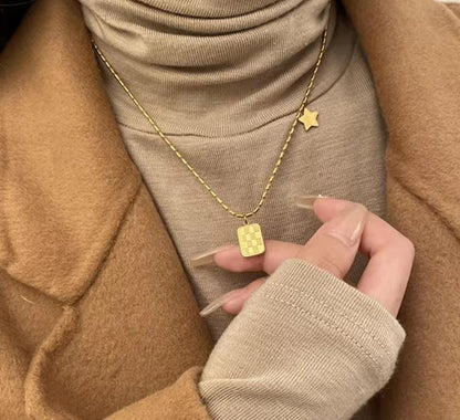 Star and Checkered Pendant Necklace | Stainless Steel Gold Plated | Anti-tarnish Necklace | Daily wear | TE-GPC-0511-018