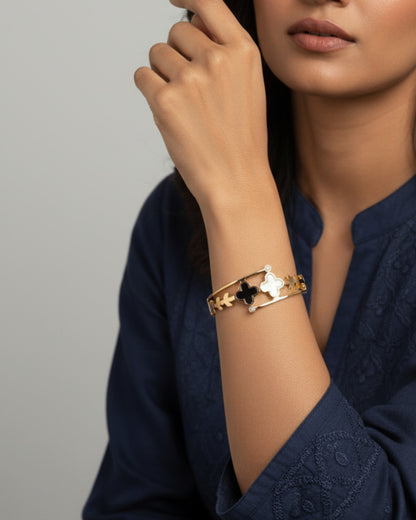 Black and White Clover | Stainless Steel Gold Plated | Women Anti-tarnish bracelet | Kada Bracelet | TE/GPK/2511/007