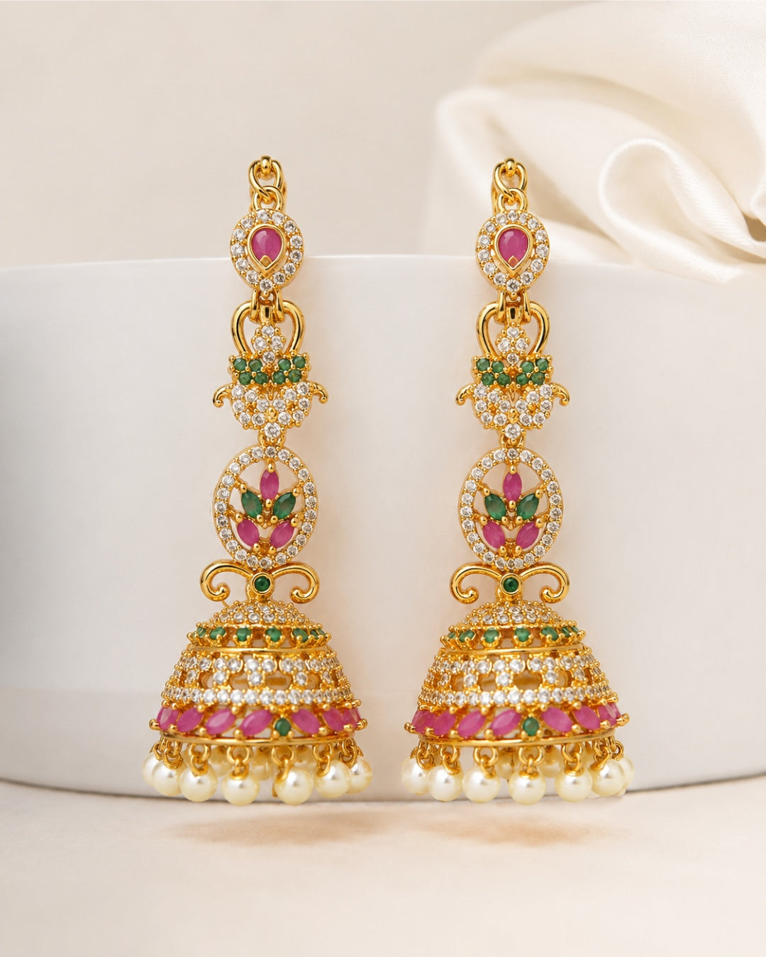 Premium Gold-Plated Jhumka with Ear Chain (Mattal) - Matte Finish