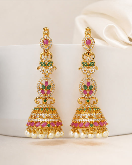 Premium Gold-Plated Jhumka with Ear Chain (Mattal) - Matte Finish