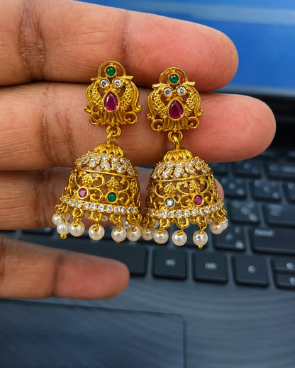 Antique Gold(Matte) Jhumka Earrings with Ruby, Green Stones & Pearl Drops
