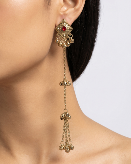 Ruby Stone Long Chain Ghungroo Statement Earrings