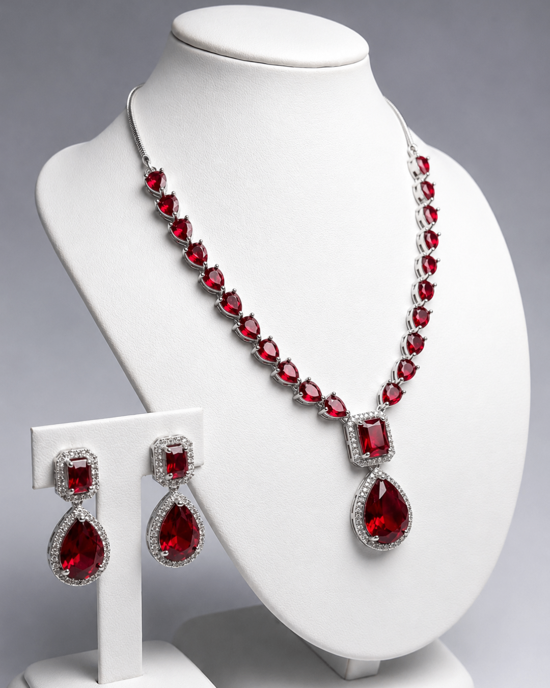 Classic Red AD Stone Necklace & Earring Set | Premium Quality | American Diamond | Party wear