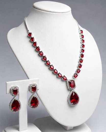 Classic Red AD Stone Necklace & Earring Set | Premium Quality | American Diamond | Party wear