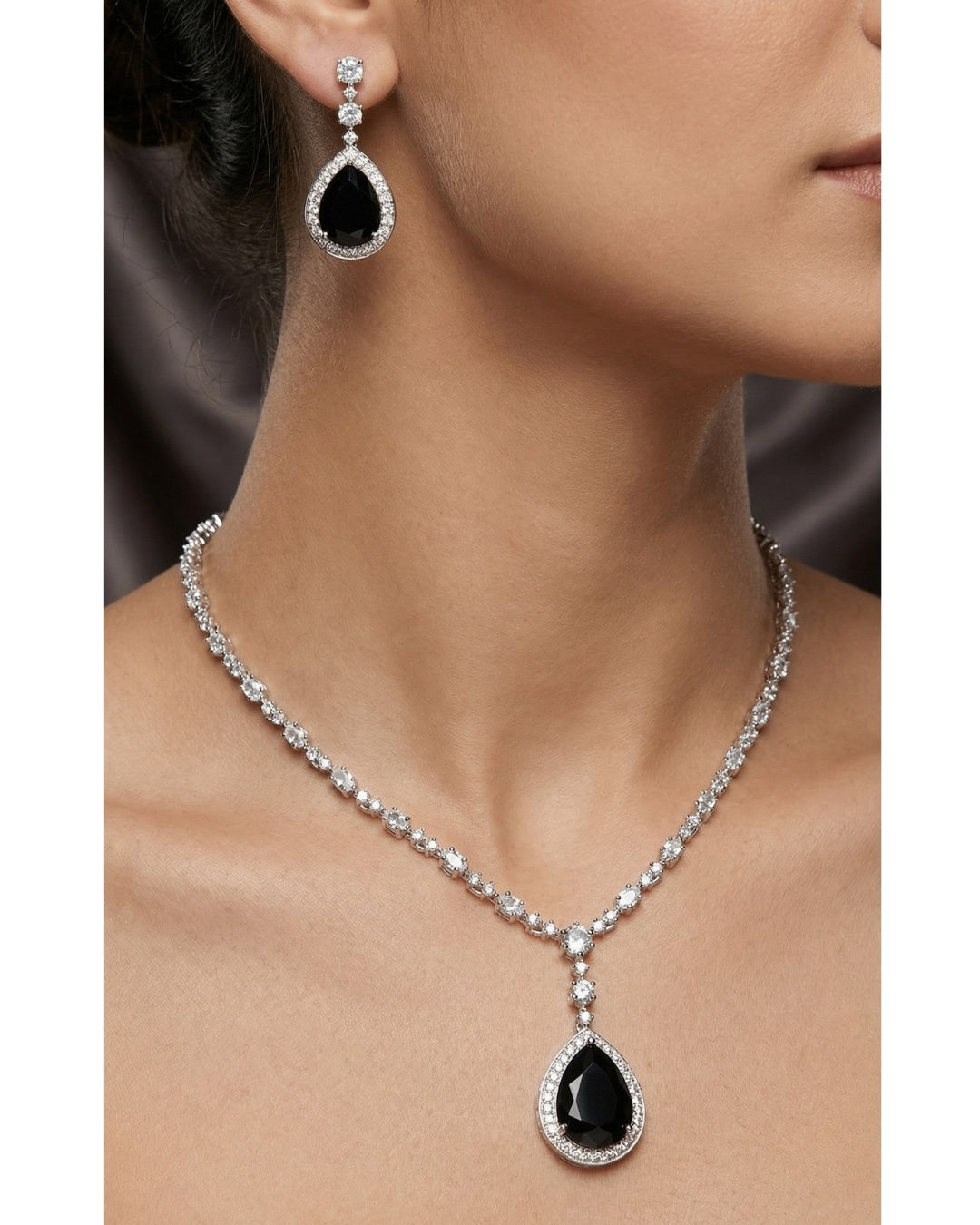 Black Onyx Teardrop American Diamond Necklace Set with Earrings | Premium Quality | American Diamond | Party wear | TE-ADNE-2212-007