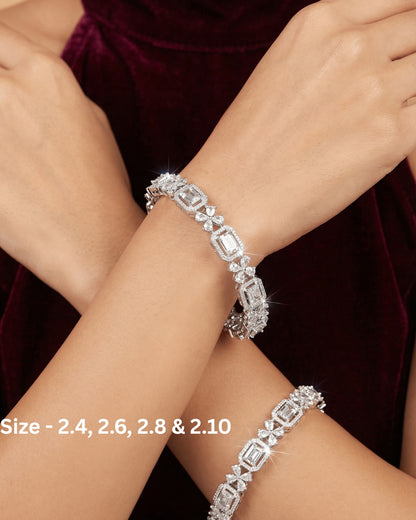 Rhodium Plated White Rectangle and Flower Zircon Stone Bangle (Set of 2) | Premium Quality | American Diamond