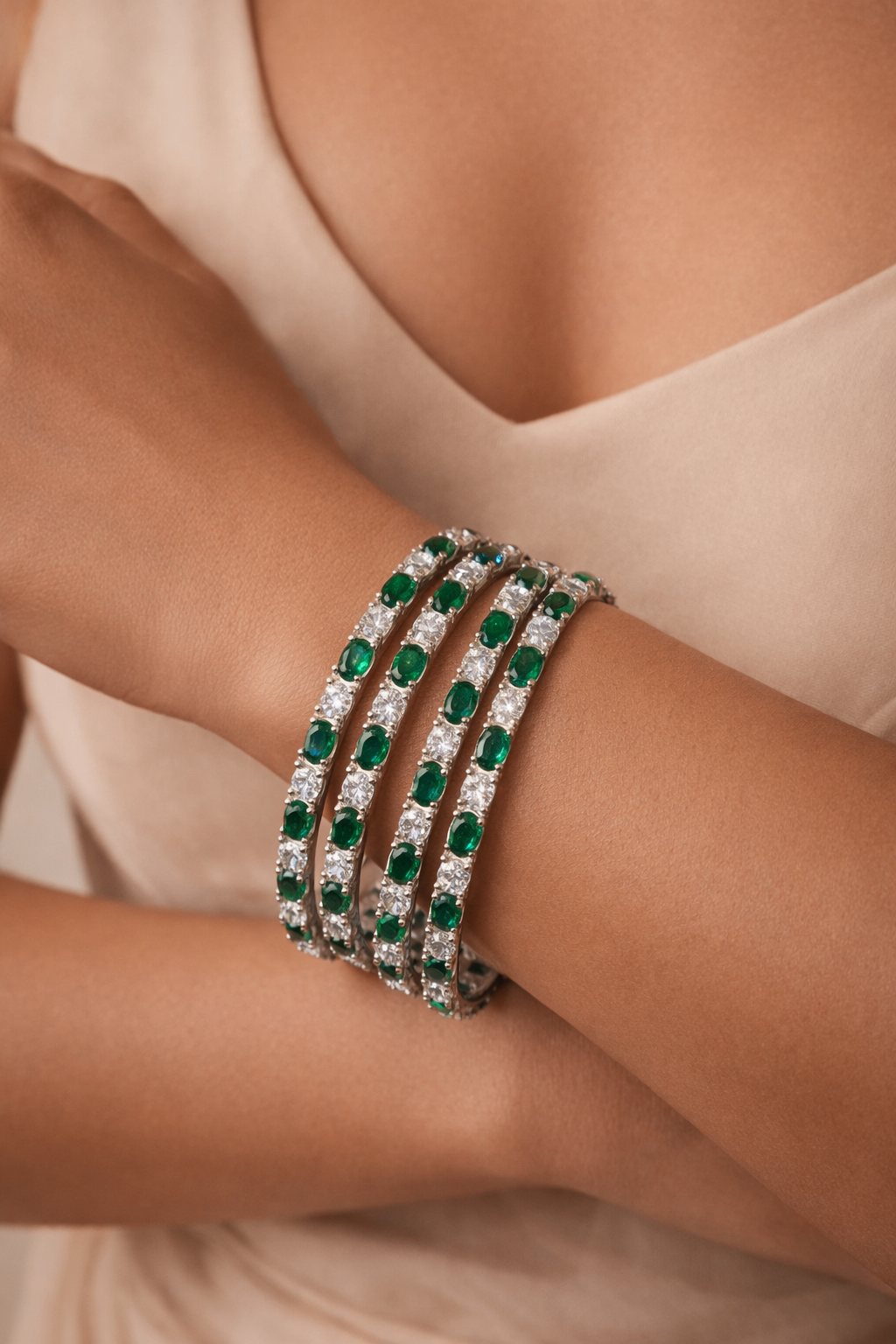 Rhodium Plated Emerald Green Cubic Zirconia Stones Bangle Set of 4 | American Diamond