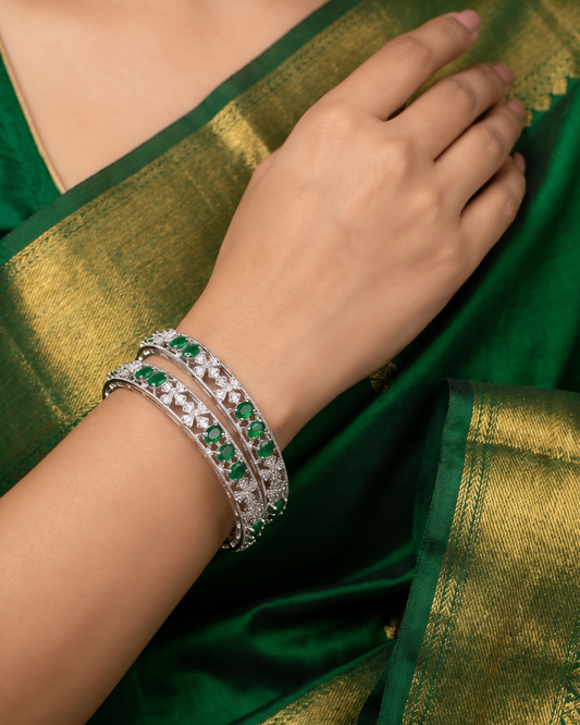Rhodium Plated Emerald Green and White Stone Designer Silver Bangles(Set of 2) | Premium Quality | American Diamond | Party wear