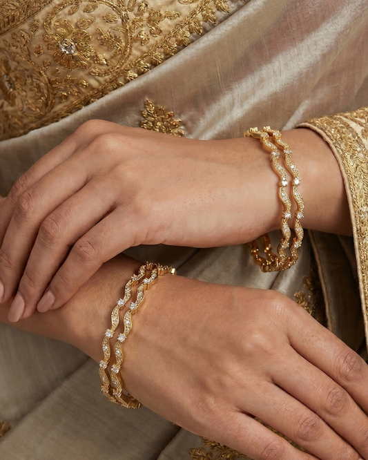 Elegant Gold(Mehandi) Wave Zircon Designer Bangles Set of 4 | Premium Quality | CZ stone Bangles | American Diamond
