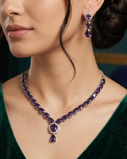 Amethyst(Purple) Glow American Diamond Necklace & Earrings Set | Premium Quality | American Diamond | Party wear