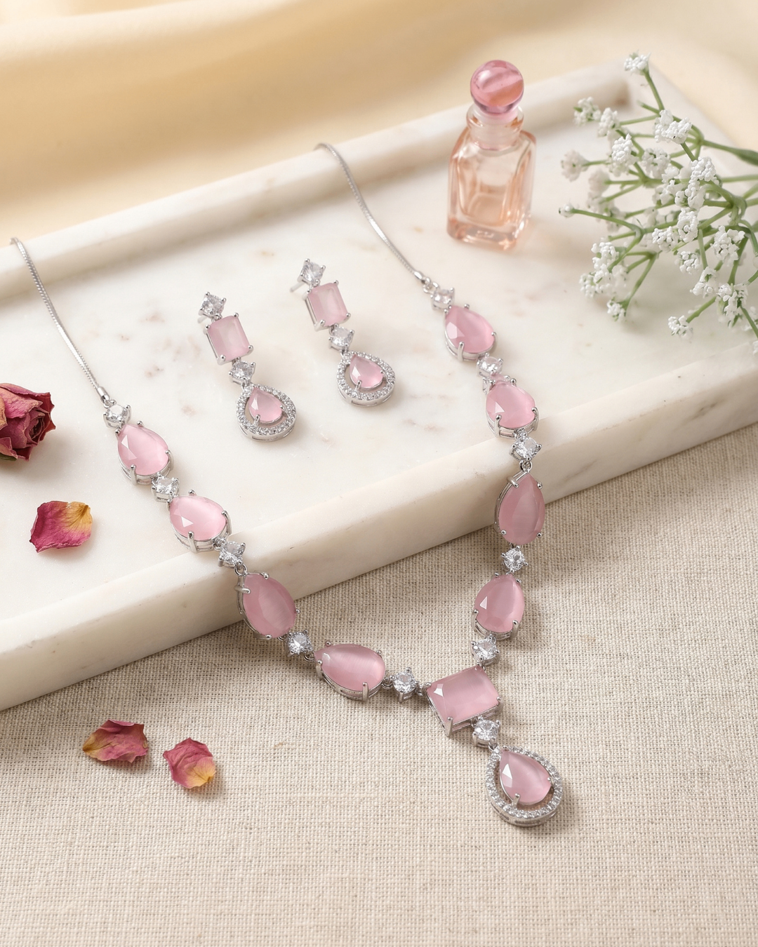 Rosé Petal AD Necklace & Earrings Set | Premium Quality | American Diamond | Party wear