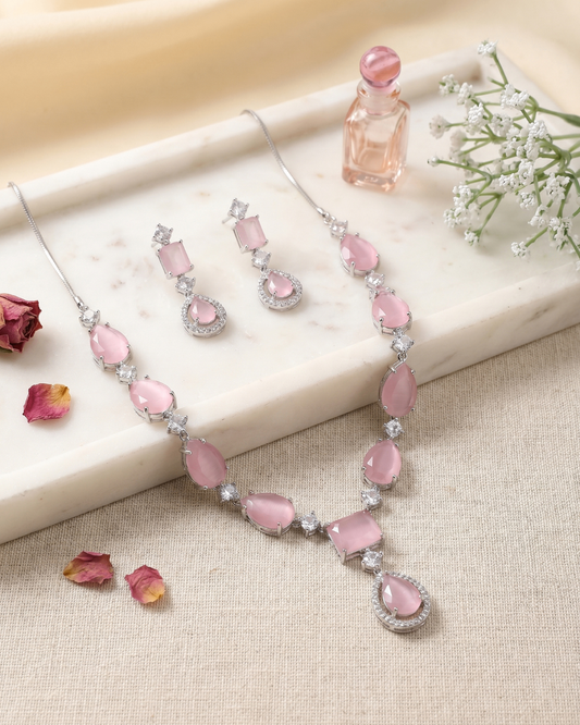 Rosé Petal AD Necklace & Earrings Set | Premium Quality | American Diamond | Party wear