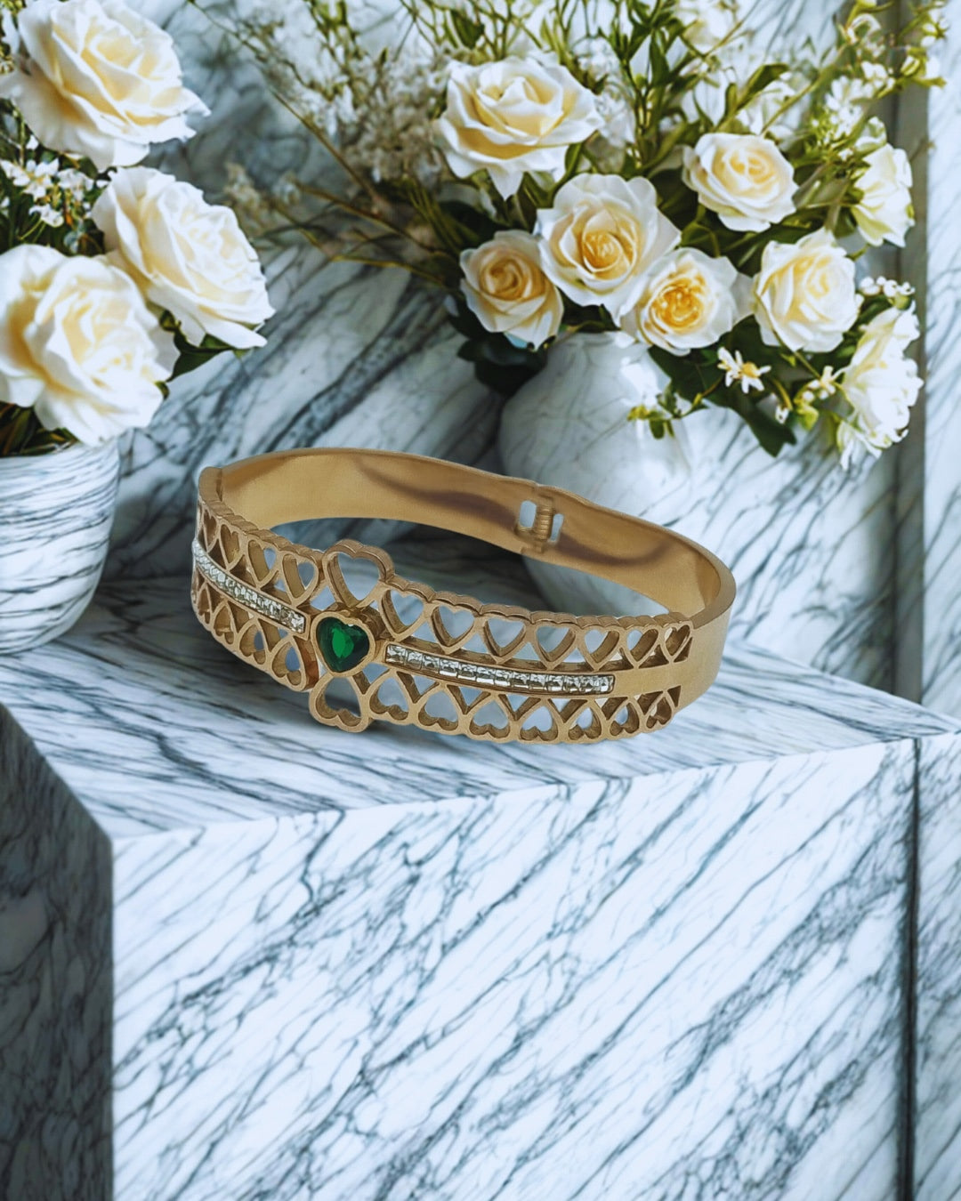 Elegant Heart Pattern Rose Gold Kada Bracelet with Green Stone | Stainless Steel Gold Plated | Women Anti-tarnish bracelet | Kada Bracelet | TE/GPK/2511/010