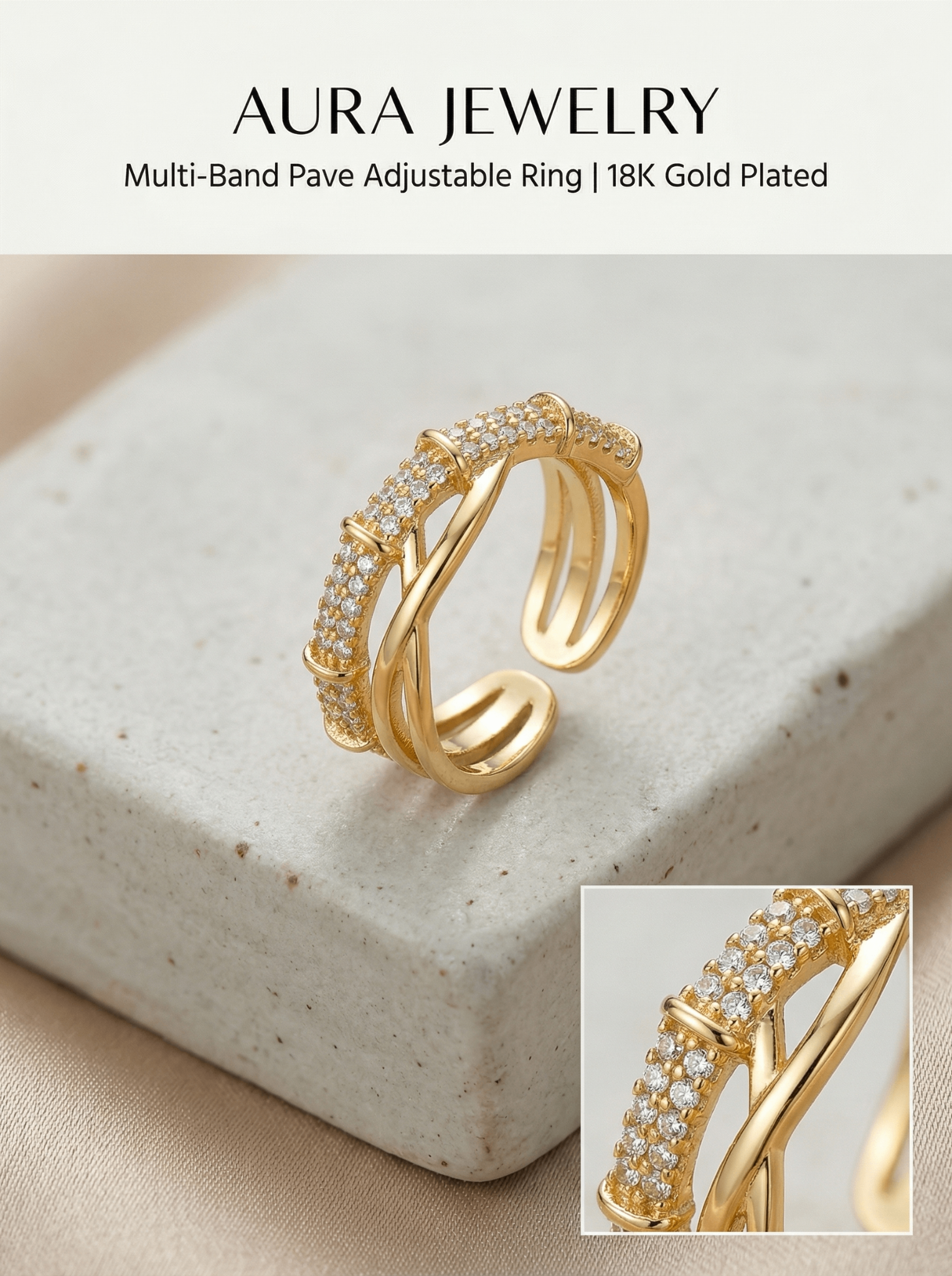 Twisted Gold finish Diamond Ring with Sparkling Accents | Premium Quality | Adjustable Ring
