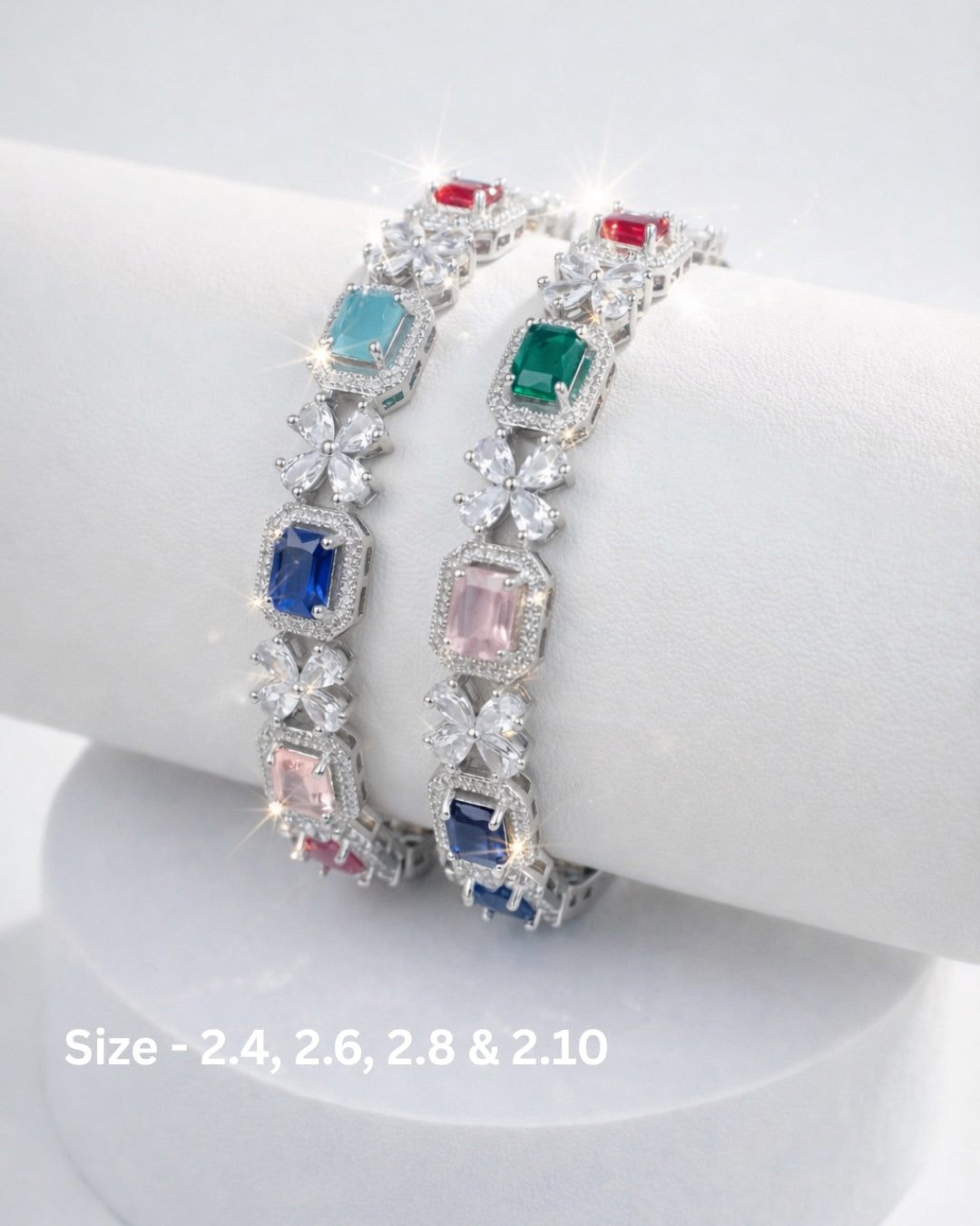 Rhodium Plated Multicolor Rectangle and Flower Zircon Stone Bangle (Set of 2)| Premium Quality | American Diamond | Party wear | TE-ADB-2212-012