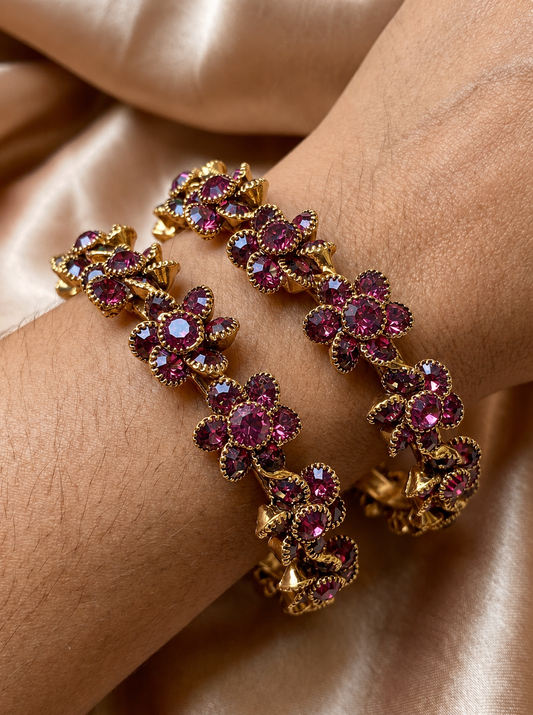 Majestic Plum Bloom Floral Bangles(Set of 2) | Premium Quality | American Diamond | Party wear