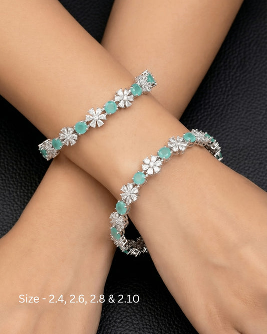 Rhodium Plated Pastel Green Circle and Flower Zircon Stone Bangle (Set of 2) | Premium Quality | American Diamond | Party wear | TE-ADB-2212-003