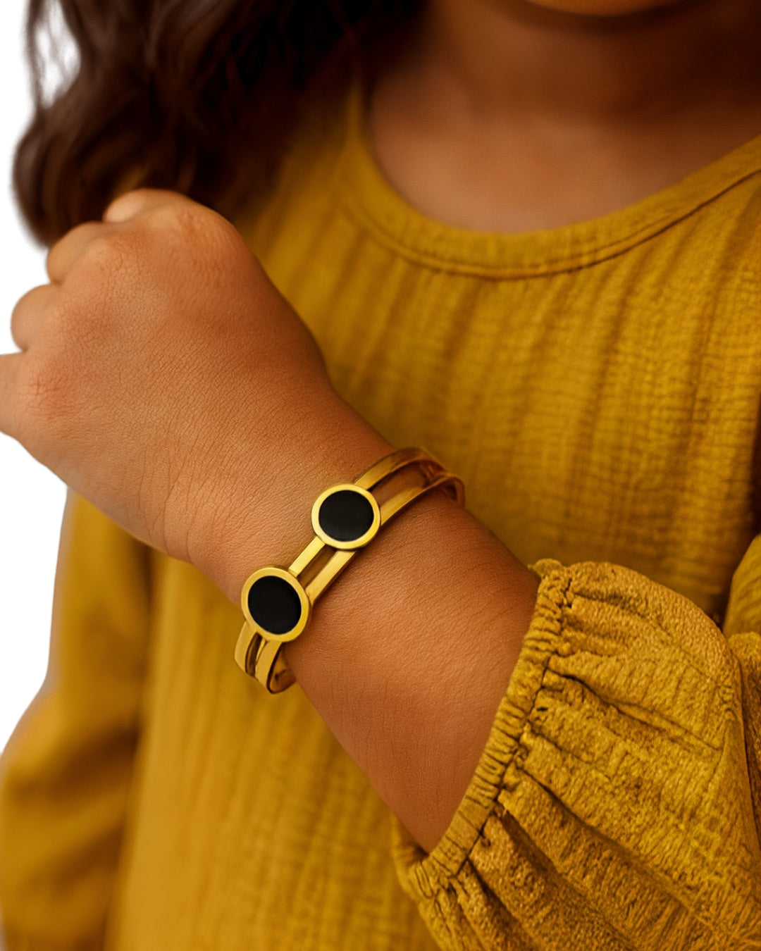 Black Round Accents Gold-Plated Bracelet | Premium Quality | Elegant Kids Jewelry | Stainless Steel Gold Plated | TE-GPKB-2311-006