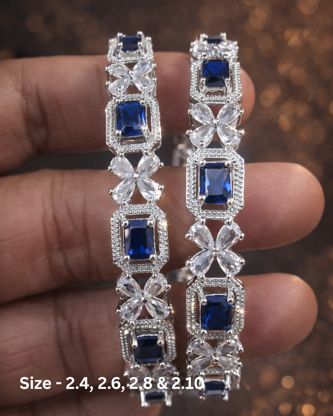Rhodium Plated Sapphire blue Color Rectangle and Flower Zircon Stone Bangle (Set of 2) | Premium Quality | American Diamond | Party wear | TE-ADB-2212-011
