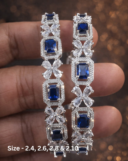 Rhodium Plated Sapphire blue Color Rectangle and Flower Zircon Stone Bangle (Set of 2) | Premium Quality | American Diamond | Party wear | TE-ADB-2212-011