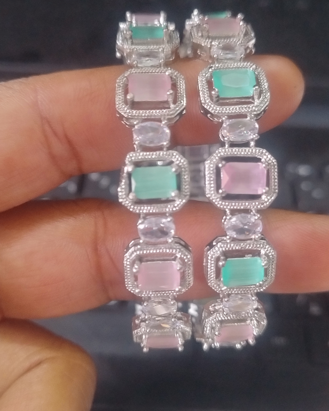 Pastel Green and Pink Emerald-Cut Crystal Silver Bangle Set for Women | American Diamond