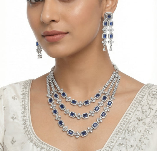 Luxury Blue Sapphire Rhodium Plated 3 Layer  American Diamond Necklace with Earring | Premium Quality | American Diamond | Party wear | TE-ADNE-2212-002