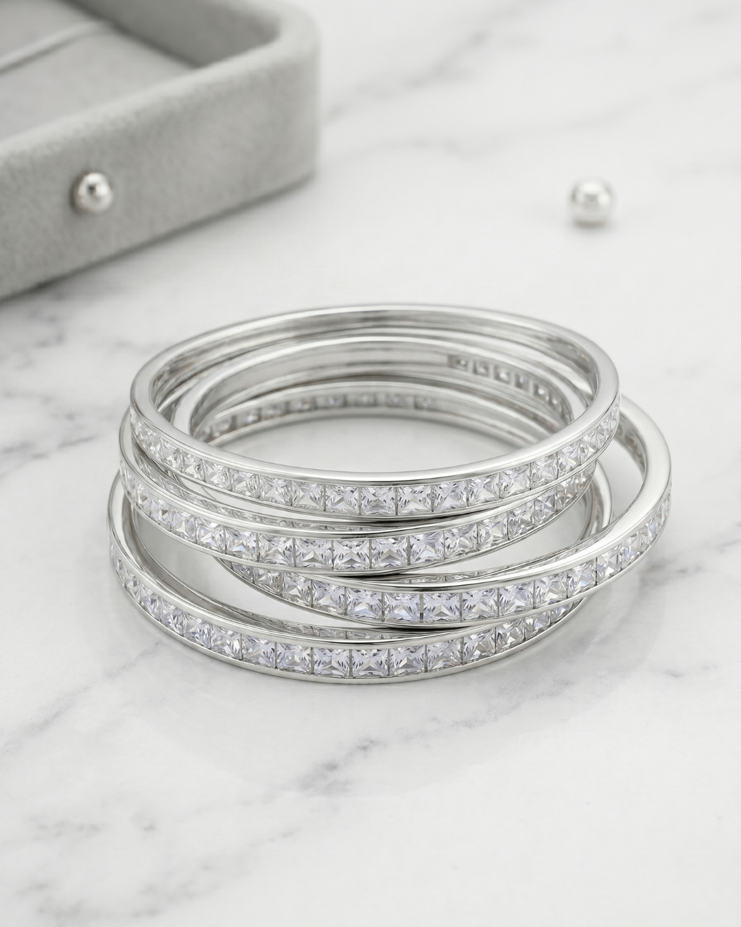Luxury Silver Princess Cut Zircon Bangles Set of 4 | Premium Quality | CZ stone Bangles | American Diamond