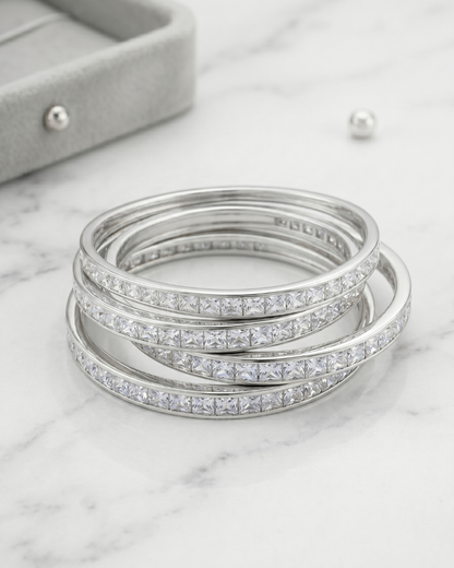 Luxury Silver Princess Cut Zircon Bangles Set of 4 | Premium Quality | CZ stone Bangles | American Diamond