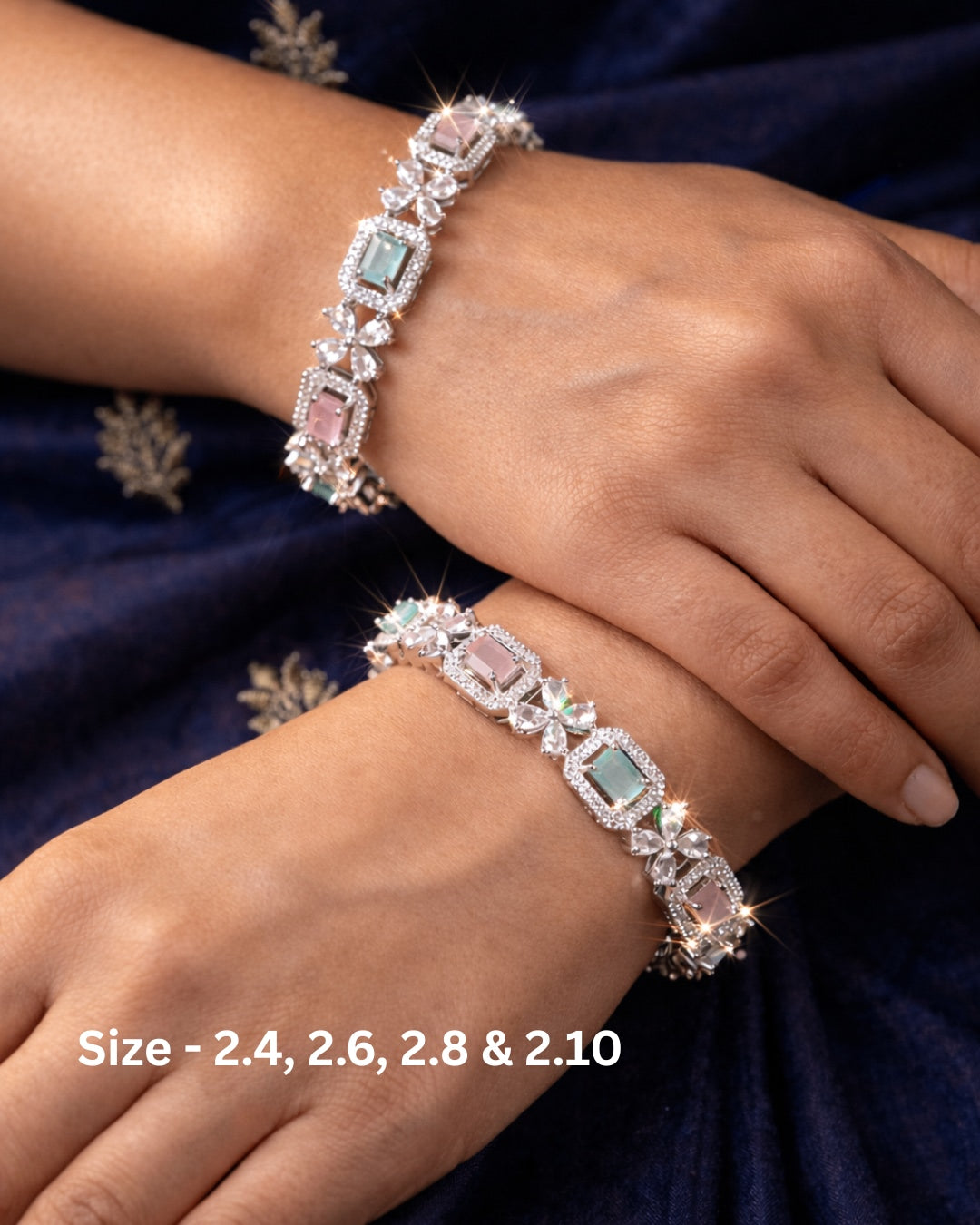 Rhodium Plated Pastel Green & pink Rectangle and Flower Zircon Stone Bangle (Set of 2) | Premium Quality | American Diamond | Party wear | TE-ADB-2212-009