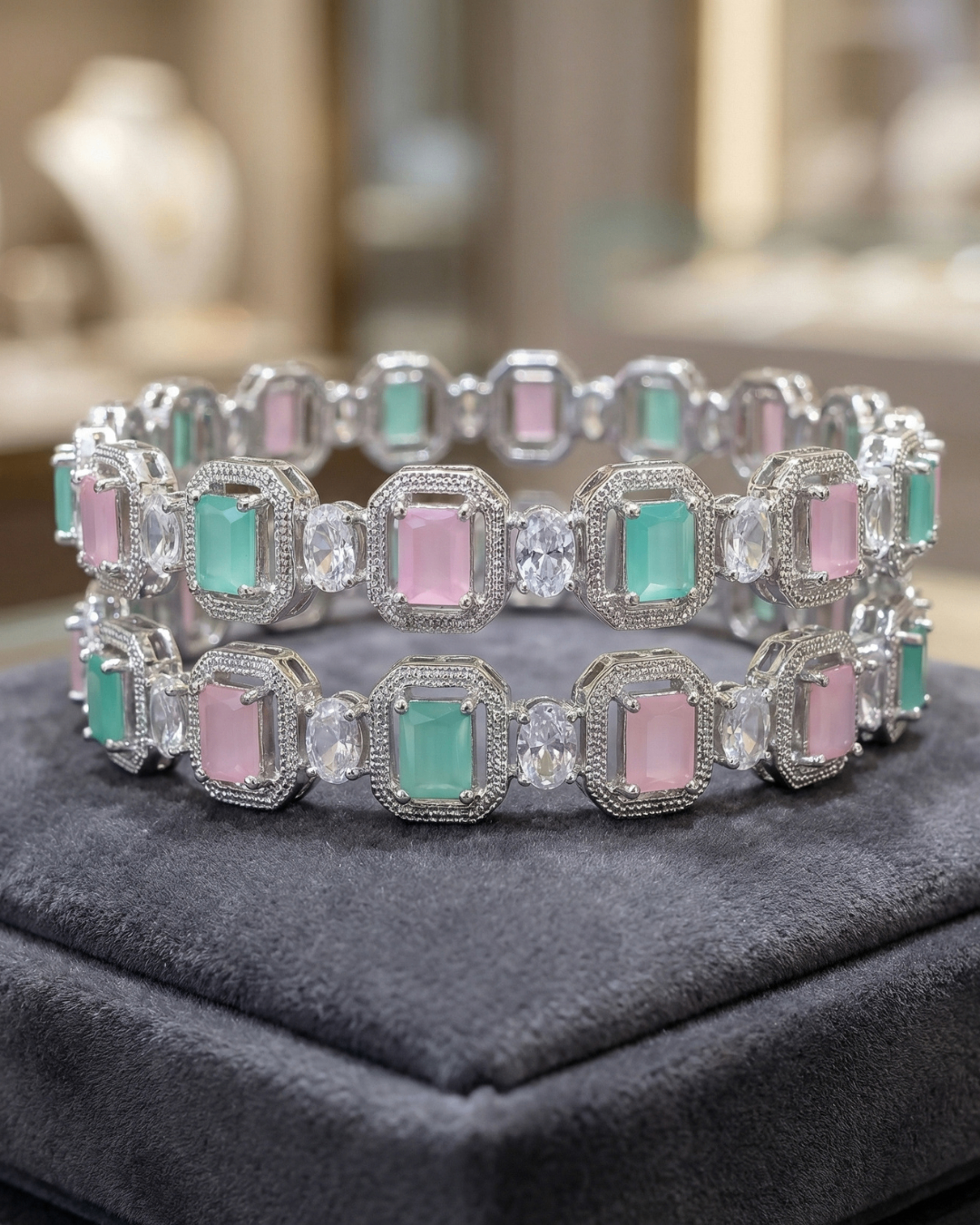 Pastel Green and Pink Emerald-Cut Crystal Silver Bangle Set for Women | American Diamond
