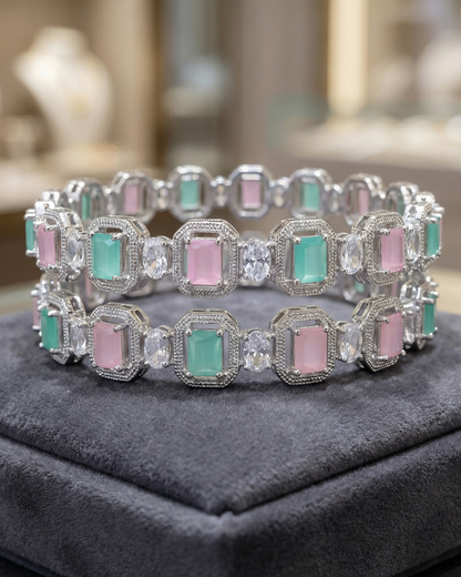 Pastel Green and Pink Emerald-Cut Crystal Silver Bangle Set for Women | American Diamond
