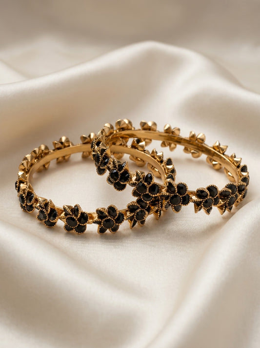 Black Bloom Floral AD Bangles (Set of 2) | Premium Quality | American Diamond | Party wear