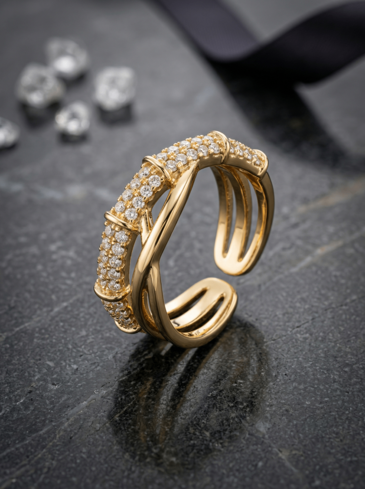 Twisted Gold finish Diamond Ring with Sparkling Accents | Premium Quality | Adjustable Ring
