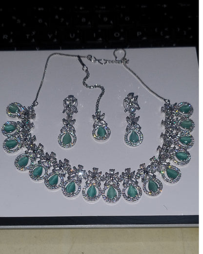 Mint Green Blossom American Diamond Necklace, Earrings and tikka Set | Premium Quality | American Diamond | Party wear