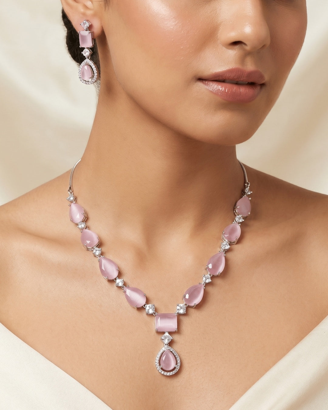 Rosé Petal AD Necklace & Earrings Set | Premium Quality | American Diamond | Party wear