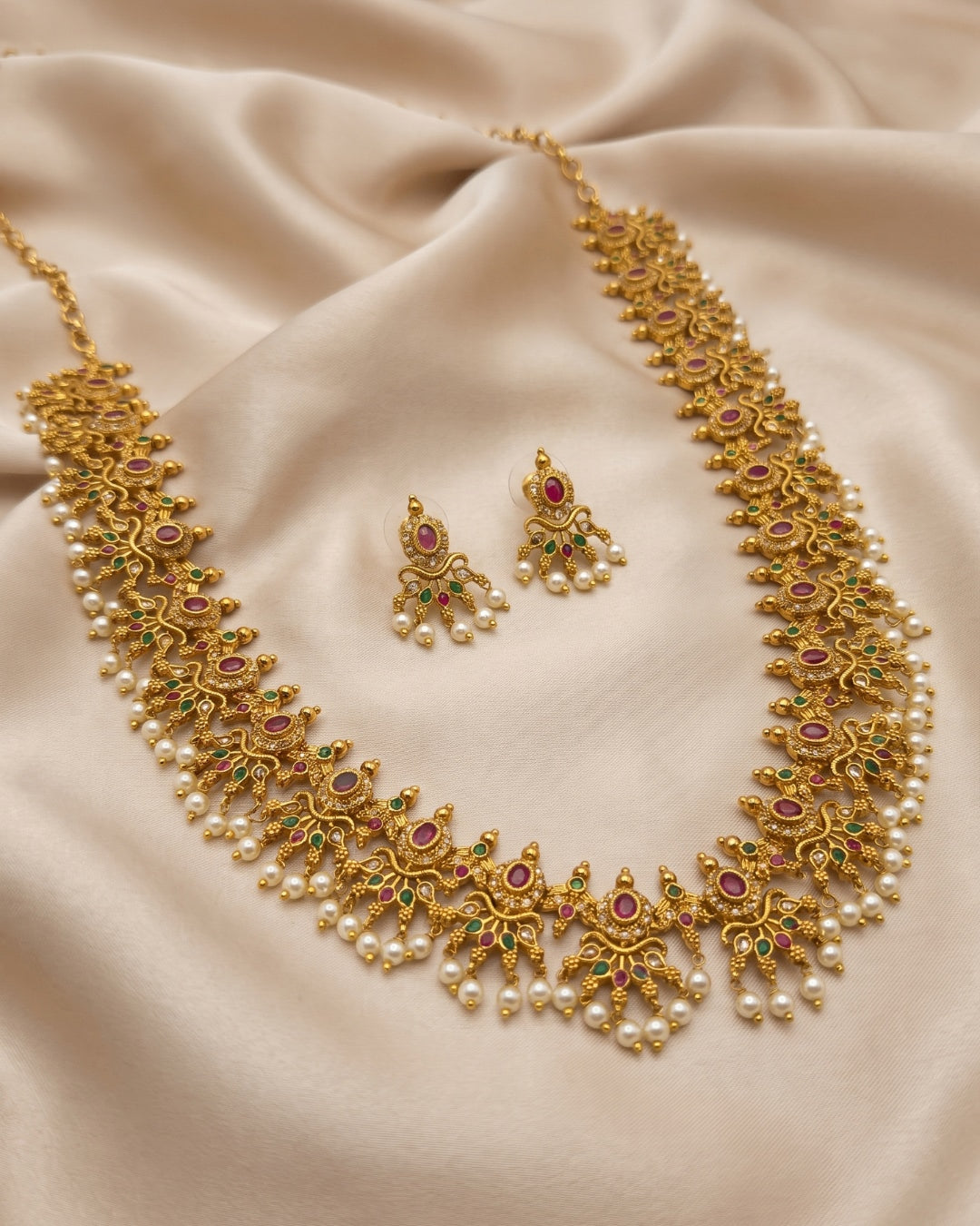 Traditional Gold-Tone Necklace Set with Ruby, Green Stones & Pearl Drops