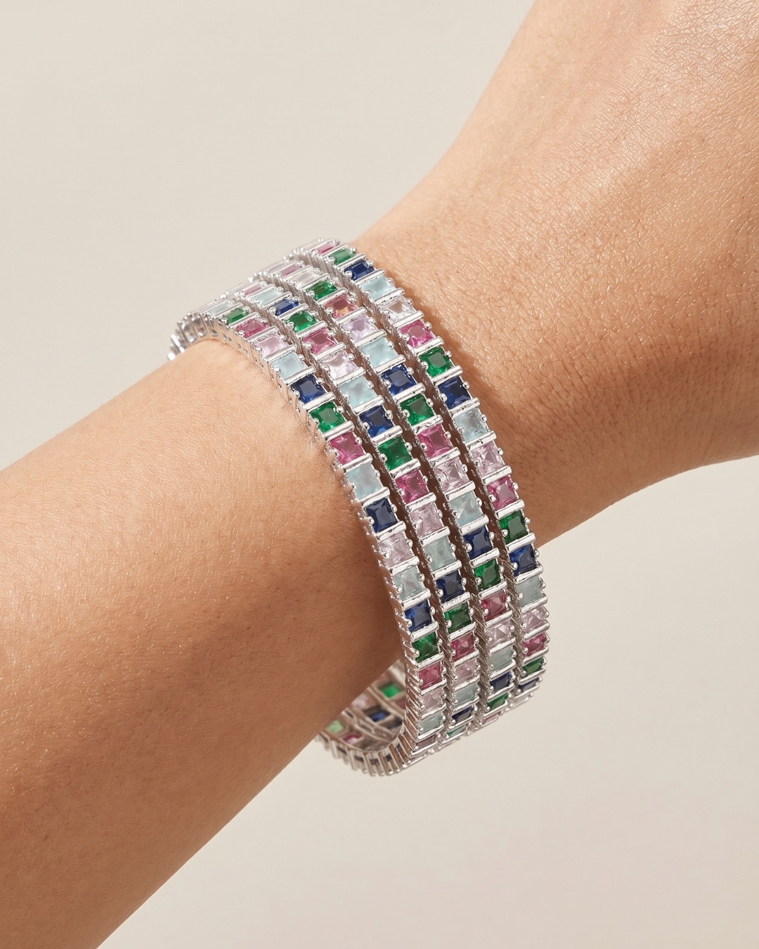Elegant Multicolor Princess Cut Zircon Bangles Set of 4 | Premium Quality | CZ stone Bangles | American Diamond