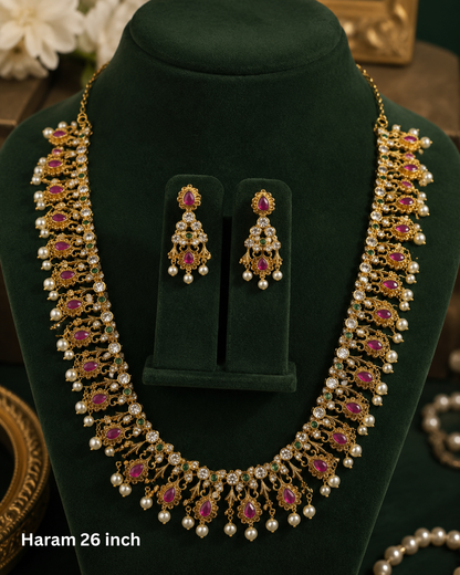 Regal Ruby Pearl Long Haram Set with American Diamond & Emerald Accents – Premium Traditional Bridal Necklace