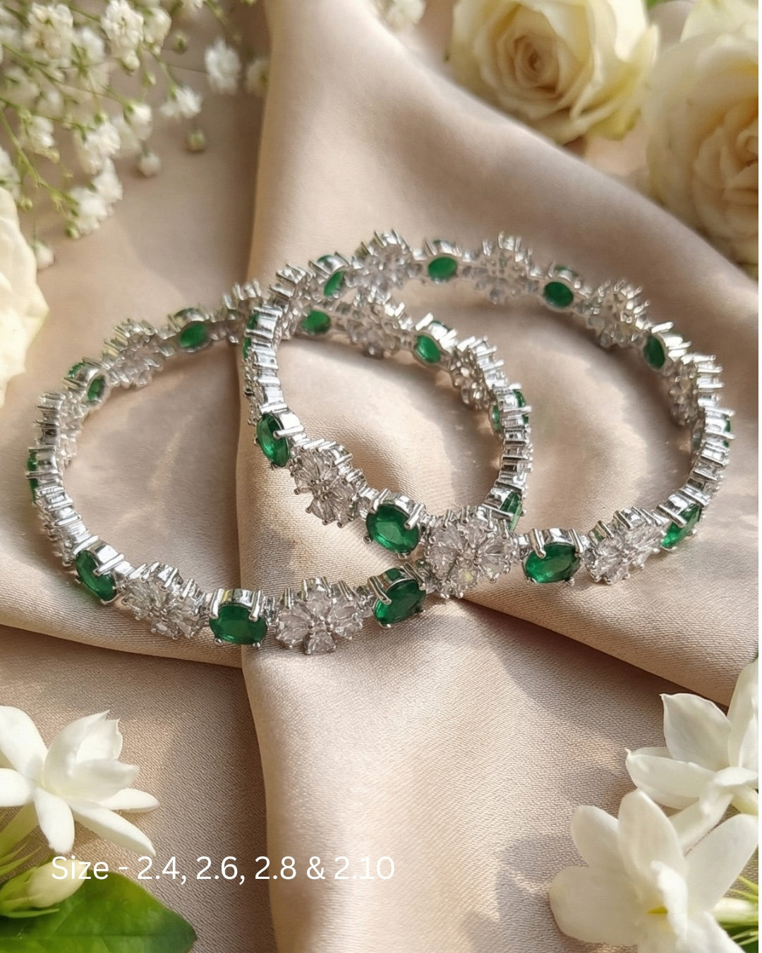 Rhodium Plated Emerald Green Circle and Flower Zircon Stone Bangle (Set of 2) | Premium Quality | American Diamond | Party wear | TE-ADB-2212-004