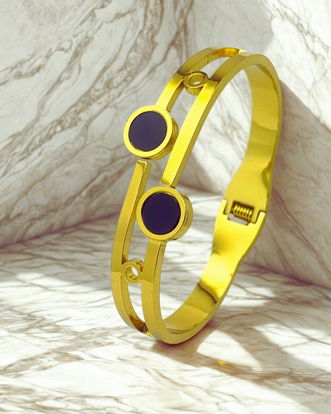 Black Round Accents Gold-Plated Bracelet | Premium Quality | Elegant Kids Jewelry | Stainless Steel Gold Plated | TE-GPKB-2311-006