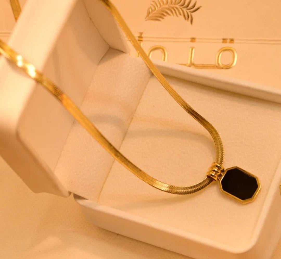 Black rectangle Snake Chain Necklace | Stainless Steel Gold Plated | Anti-tarnish Necklace | Daily wear | TE-GPC-0511-005
